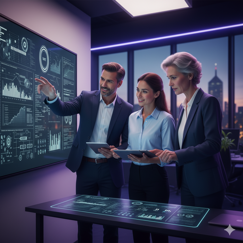 Profesional en oficina chilena utilizando gráficos de Inteligencia Artificial para ilustrar la importancia de la capacitación en IA para la productividad empresarial