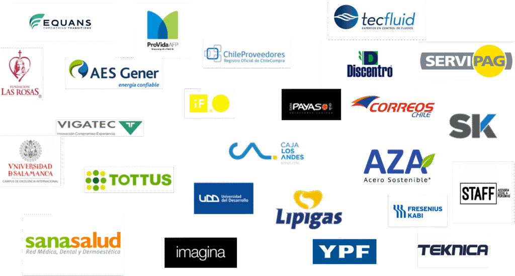 Collage de logos de empresas y universidades chilenas clientes de la consultoría y capacitación en IA de PROMTamente, incluyendo Tottus, Lipigas, Correos de Chile y Universidad de Salamanca.