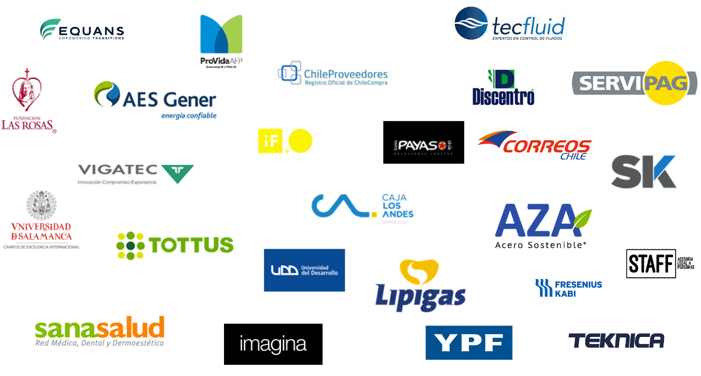 Collage de logos de empresas y universidades chilenas clientes de la consultoría y capacitación en IA de PROMTamente, incluyendo Tottus, Lipigas, Correos de Chile y Universidad de Salamanca.
