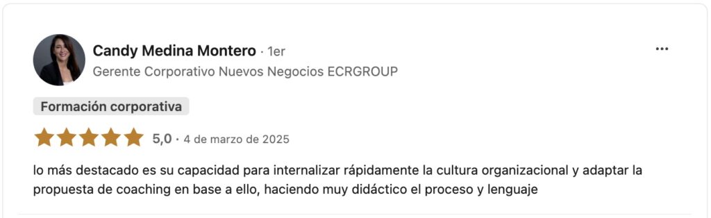 Testimonio de Candy Medina Montero, Gerente Corporativo de ECRGROUP, sobre la capacidad de Ricardo para adaptar propuestas de coaching a la cultura organizacional.