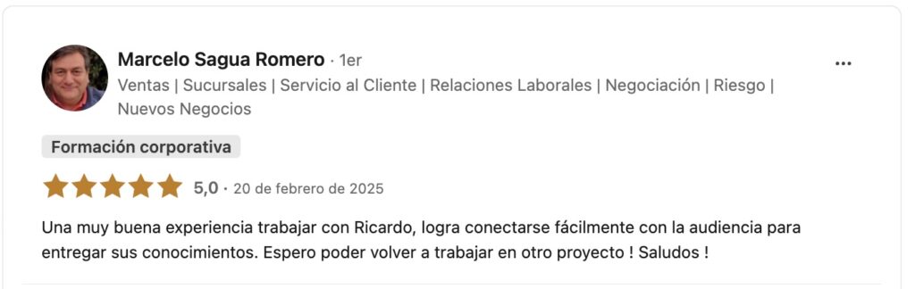 Testimonio de Marcelo Sagua Romero de Provida sobre la buena experiencia de trabajar con Ricardo, destacando su capacidad para conectar con la audiencia.