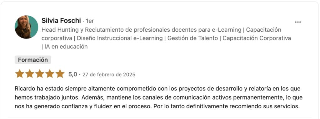 Testimonio de Silvia Foschi, experta en Head Hunting y Capacitación Corporativa, recomendando los servicios de Ricardo Alvarado por su compromiso y comunicación.